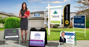 Real estate agent with different types of real estate signs
